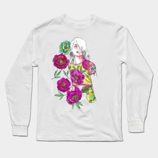 Woman With White Hair - Fashion Illustration with Pink Flowers. Long Sleeve T-Shirt